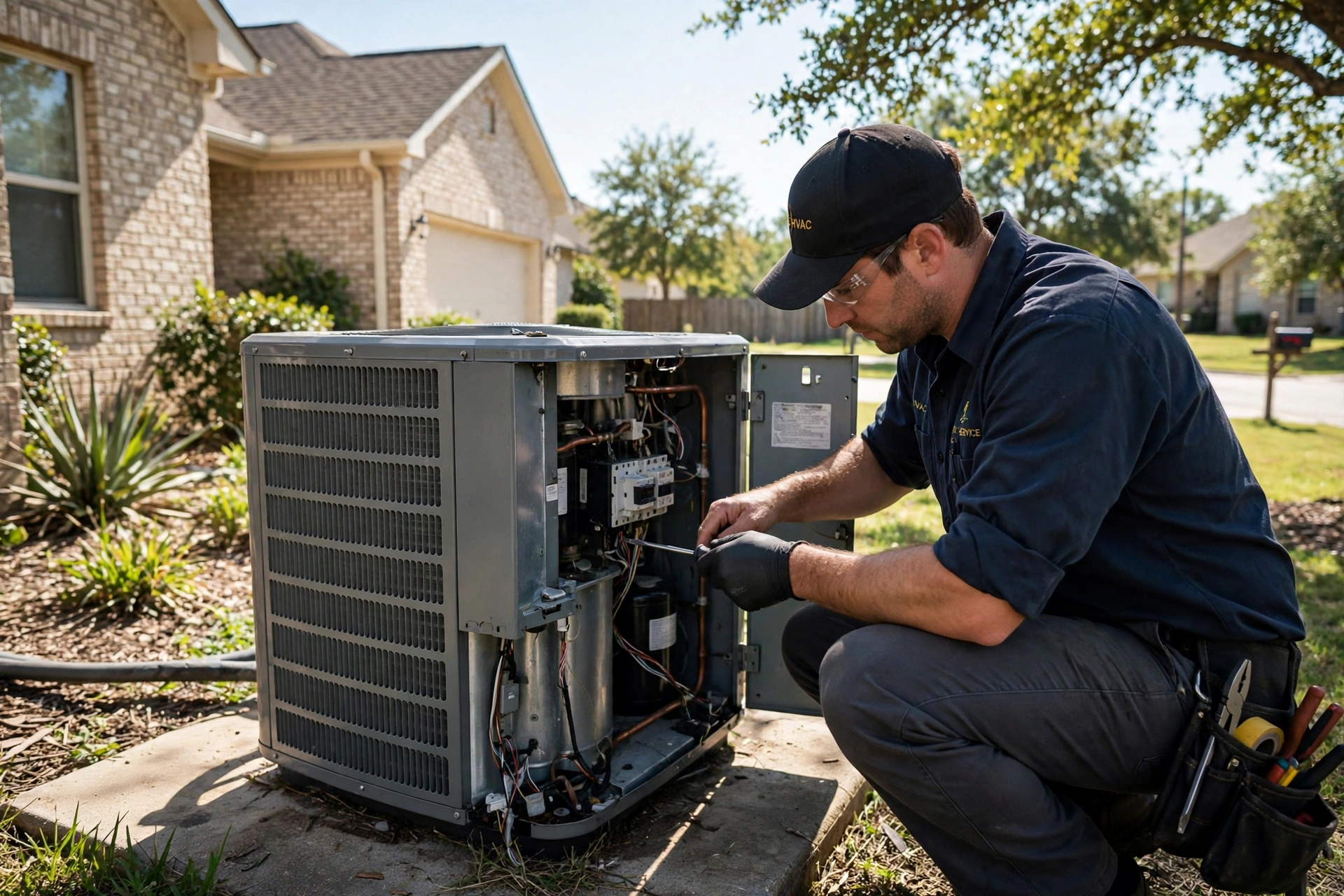 Technician performing AC repair on a condenser unit in San Angelo, TX