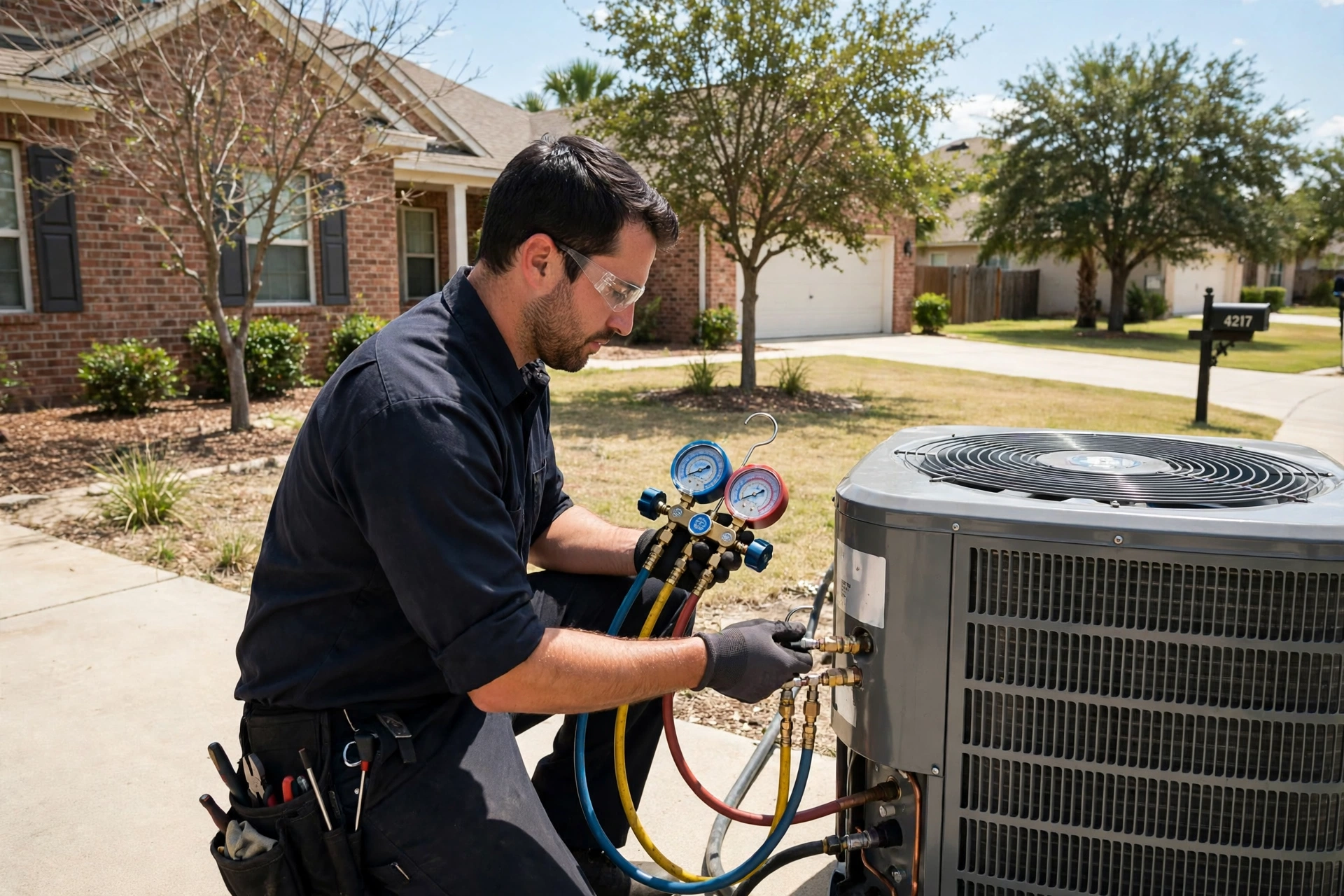 Technician performing a seasonal AC tune-up in San Angelo, TX