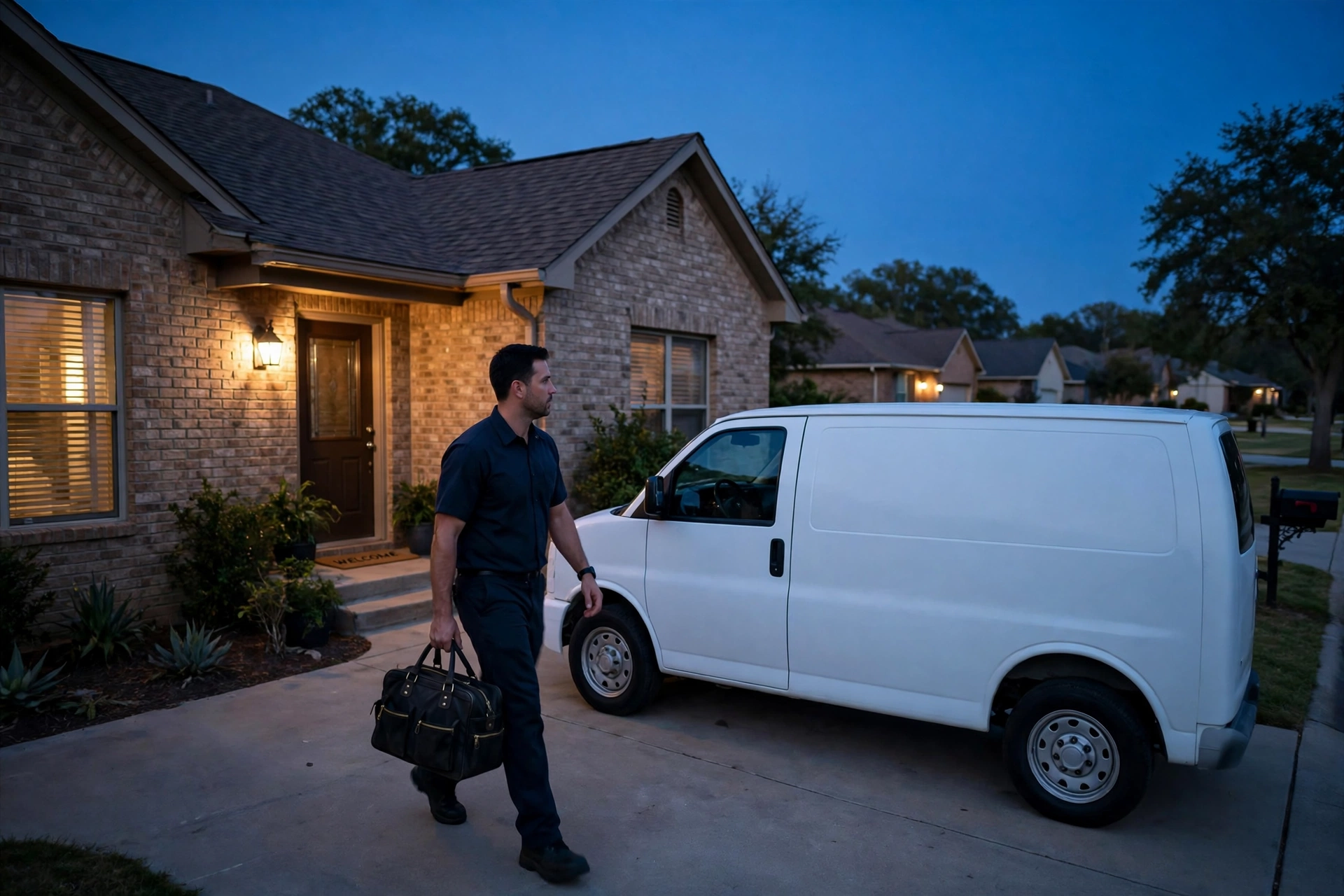 HVAC technician arriving for a 24-hour emergency AC repair call in San Angelo, TX