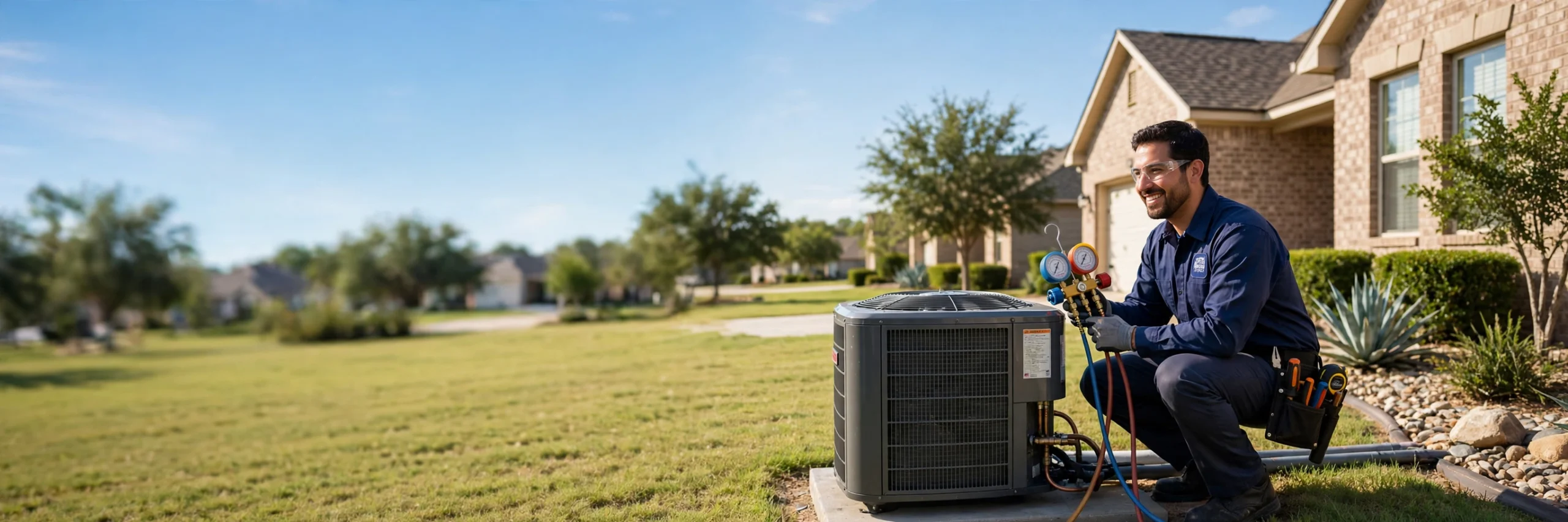 HVAC technician servicing an outdoor air conditioning unit at a San Angelo, TX home