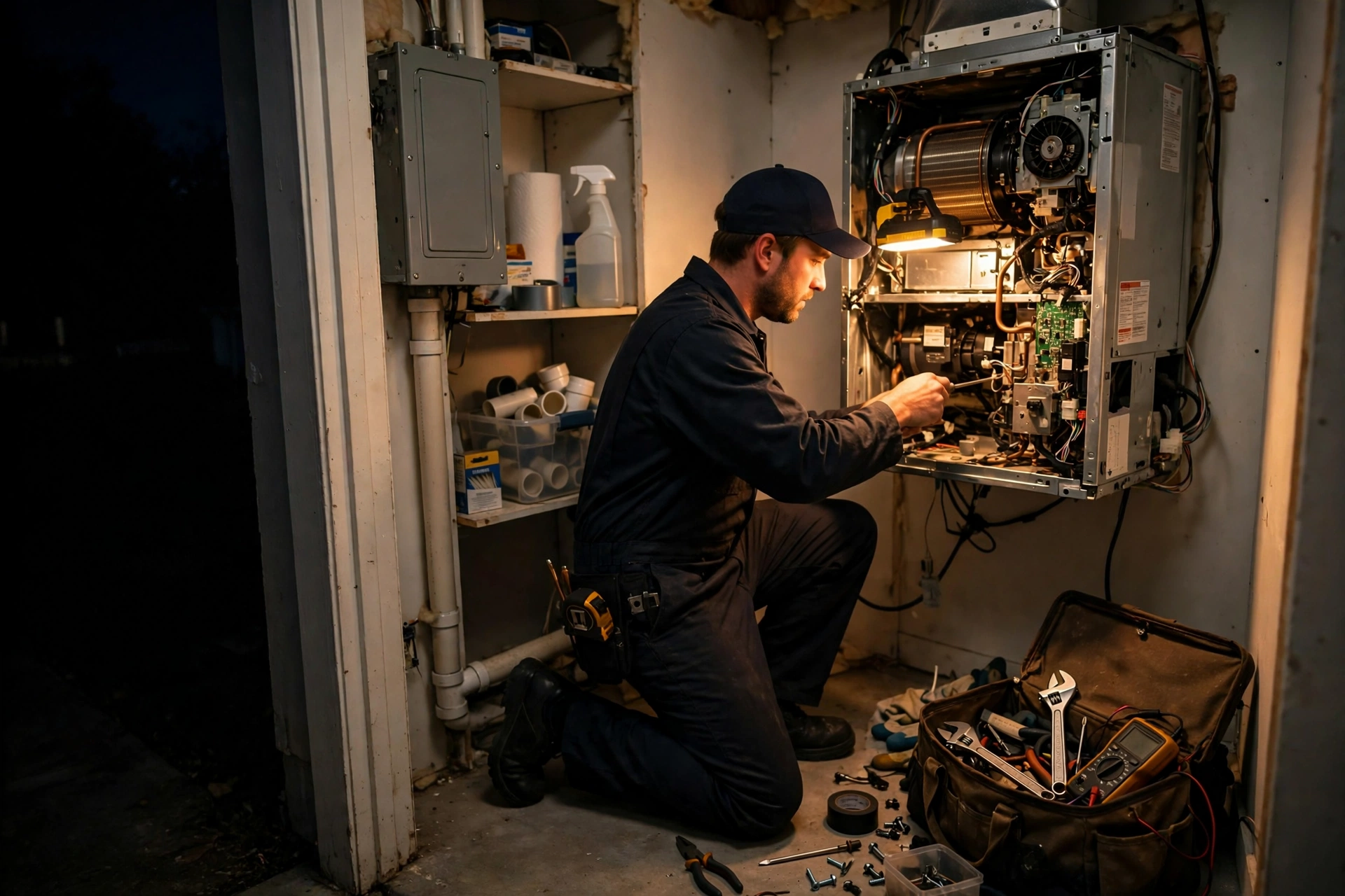 Emergency HVAC service arriving at a San Angelo home after hours
