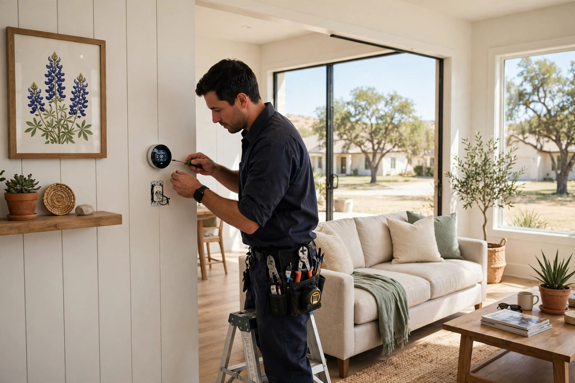 Technician setting up a thermostat after a new AC installation in San Angelo, TX