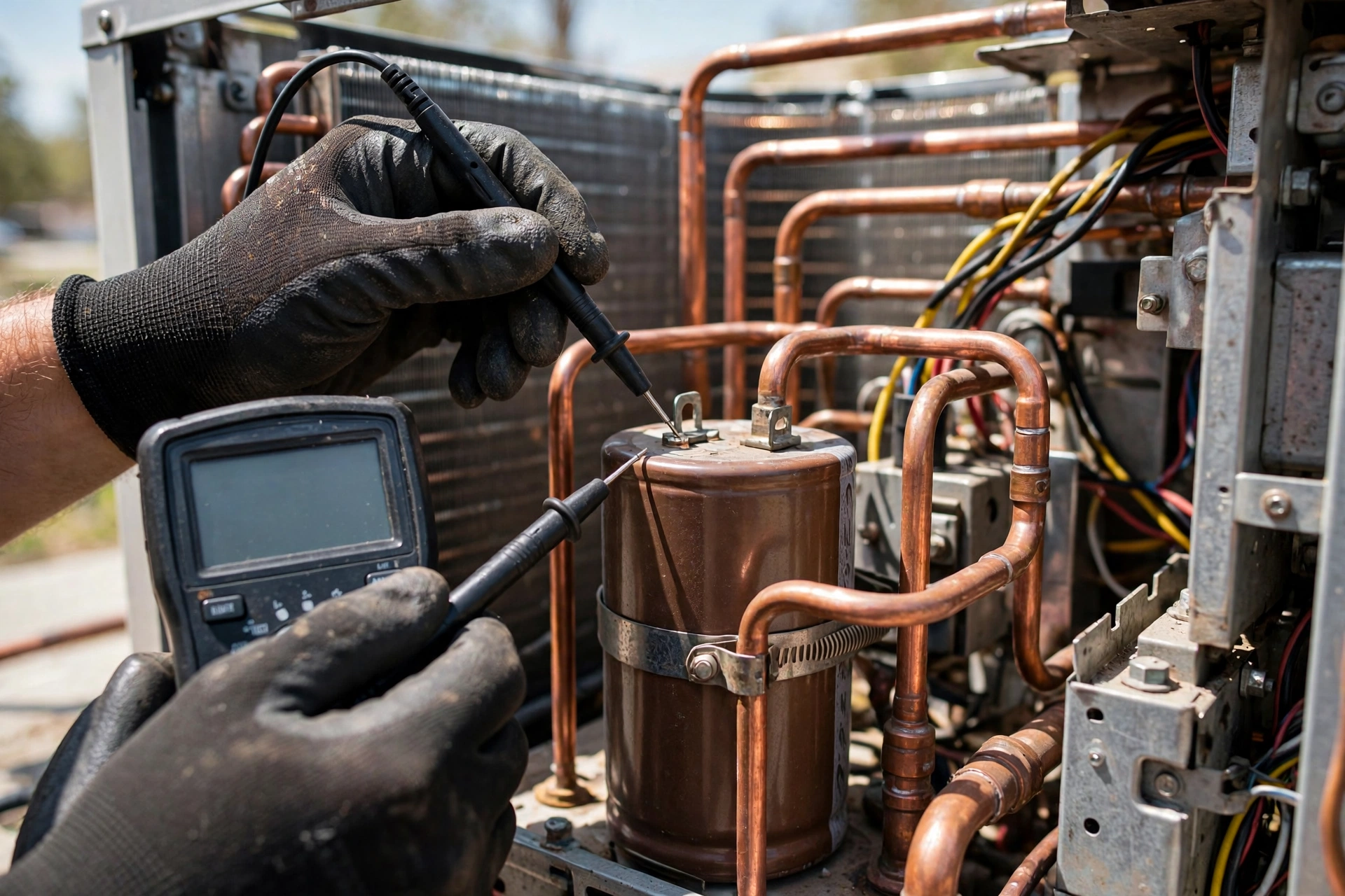 AC Repair 3 Technician running diagnostics on an air conditioner in San Angelo, TX