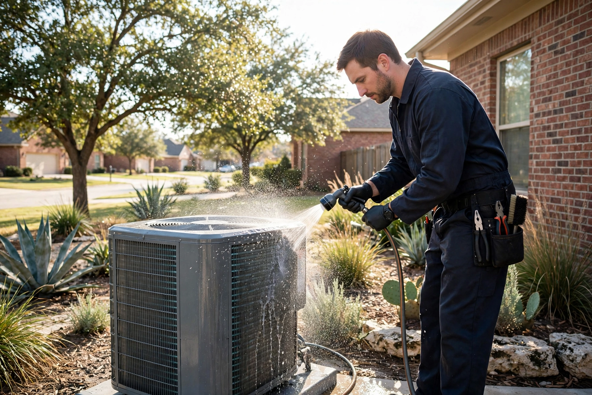 AC Tune-Up & Maintenance 3 Cleaning AC coils during a tune-up in San Angelo, TX